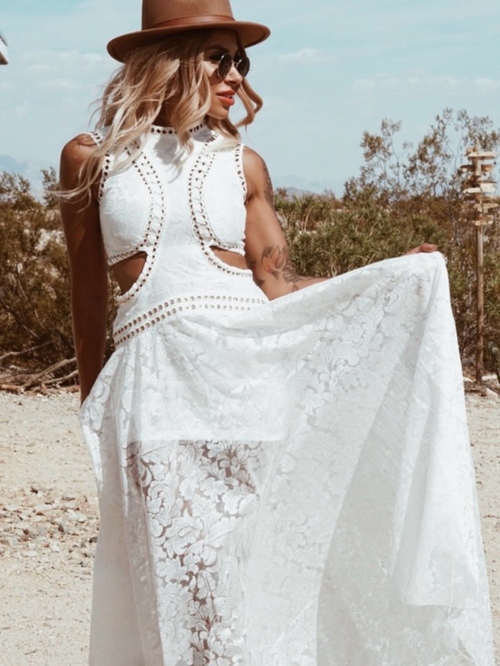 L'ATISTE by Amy GUC White Lace Cutout Maxi Dress Boho Western